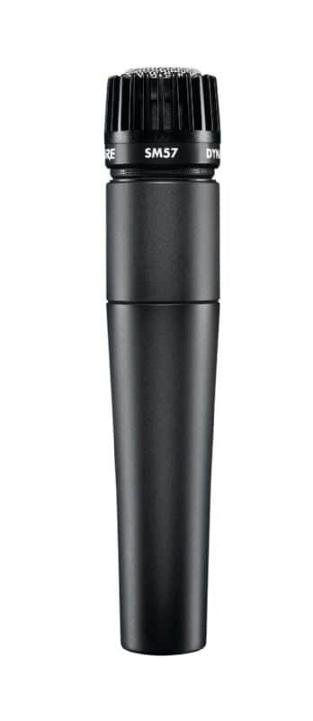 Black handheld dynamic microphone with metal mesh grille and 'SM57' text.