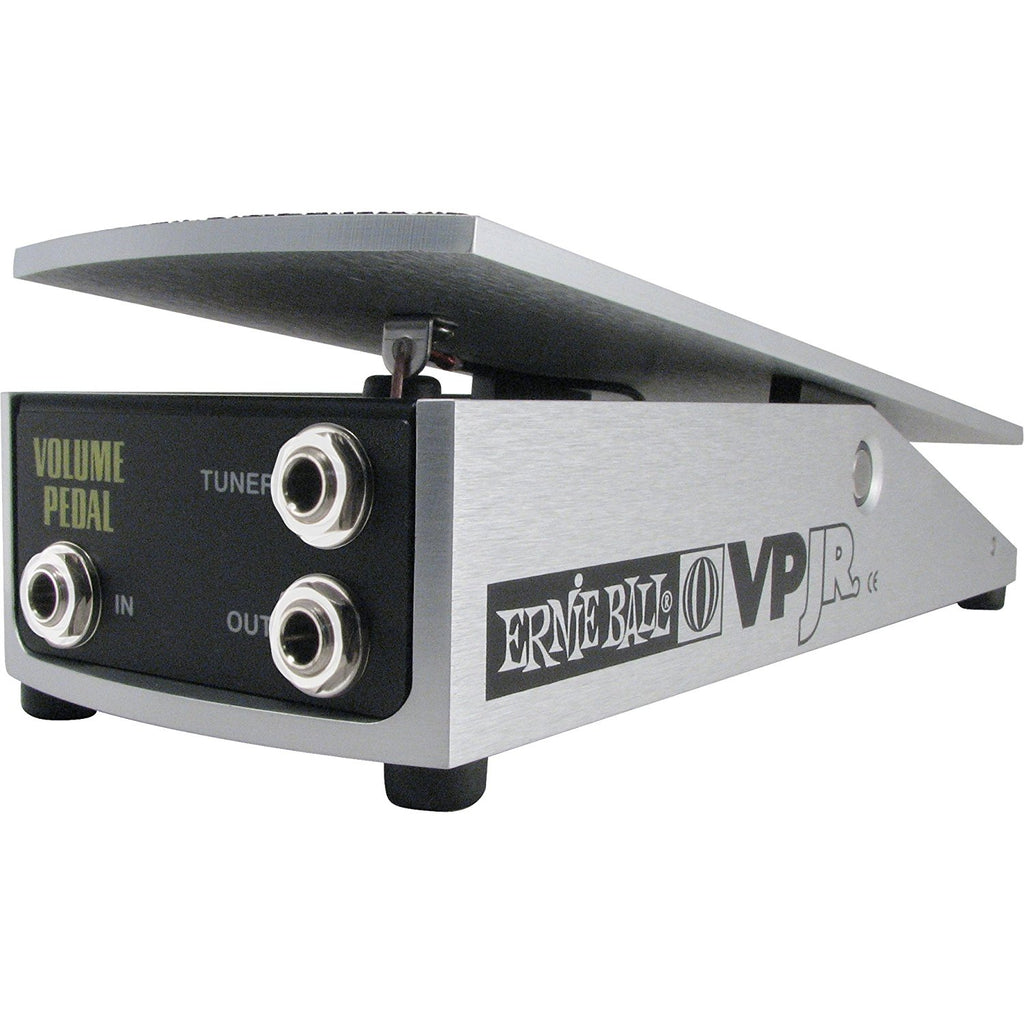 Silver and black volume pedal with three 1/4 inch jacks and Ernie Ball VP JR branding on the side.