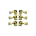 Set of six gold vintage-style guitar tuning machine heads with white pearloid buttons.