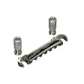 Chrome metal guitar tailpiece with two knurled adjustment knobs, photographed on a white background.