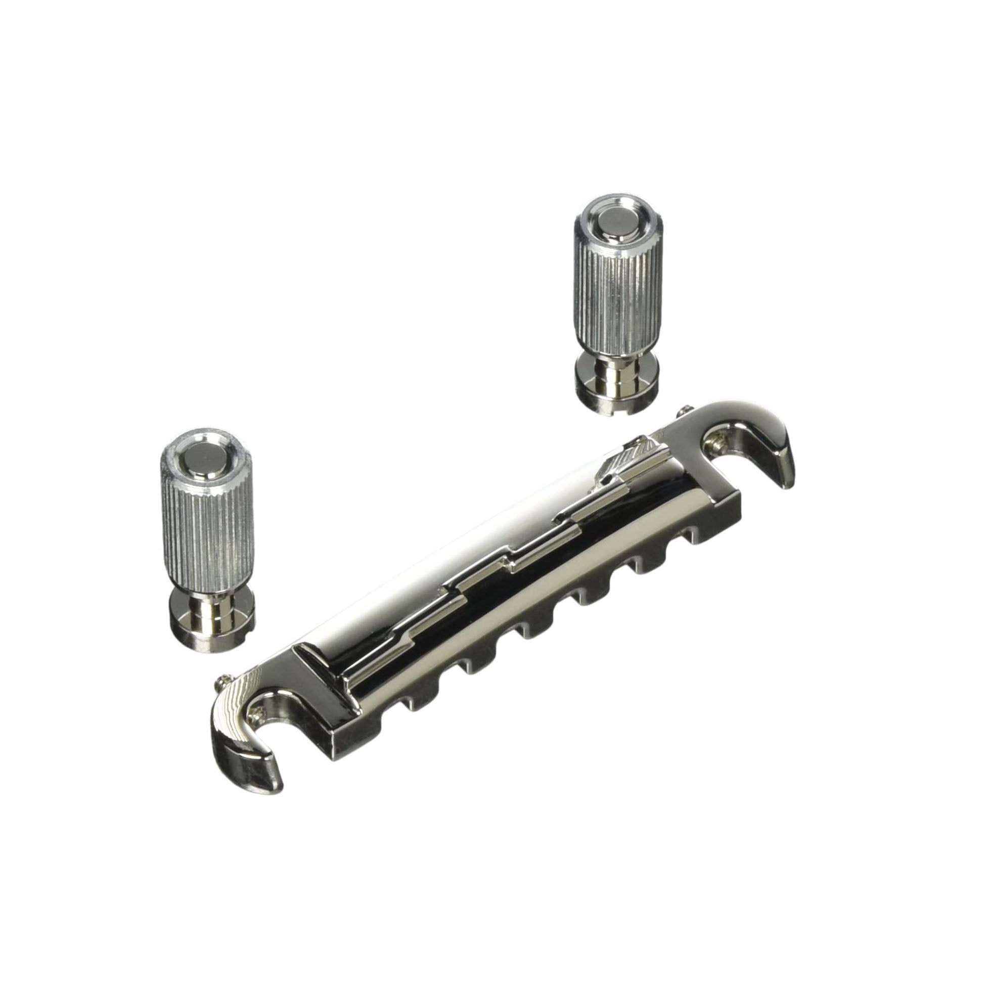Chrome metal guitar tailpiece with two knurled adjustment knobs, photographed on a white background.