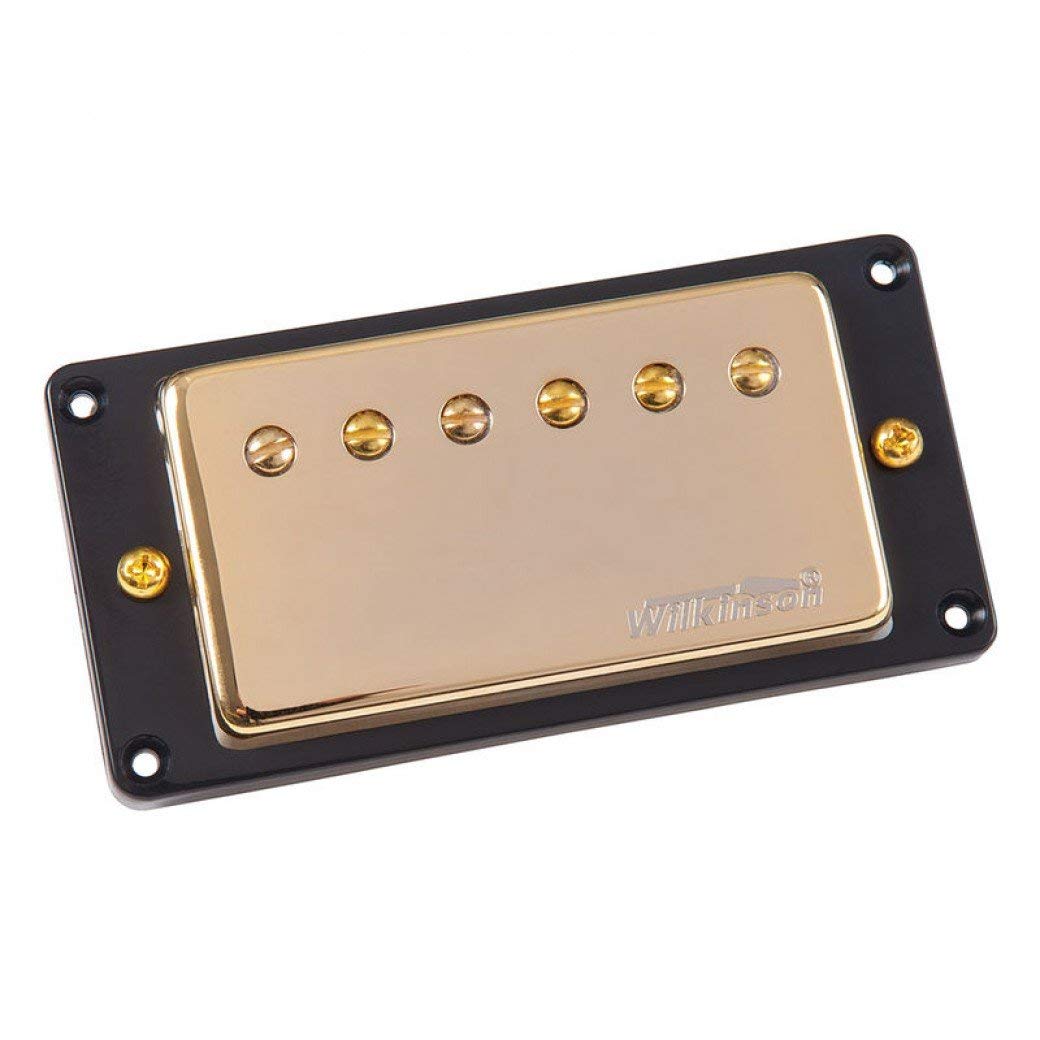Rectangular gold metal guitar pickup with six pole pieces on a black plastic mounting frame.