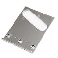Silver metal rectangular guitar bridge plate with three screw holes and a pickup opening.