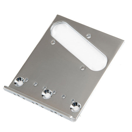 Silver metal rectangular guitar bridge plate with three screw holes and a pickup opening.