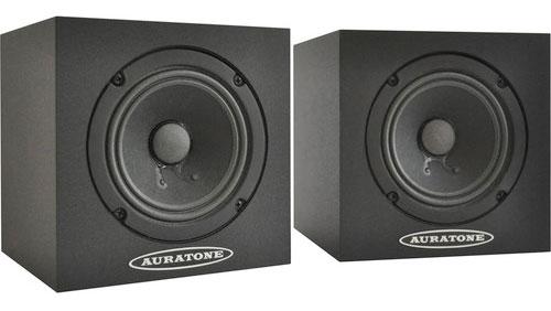 Pair of black cube-shaped speakers with AURATONE logos on the front.