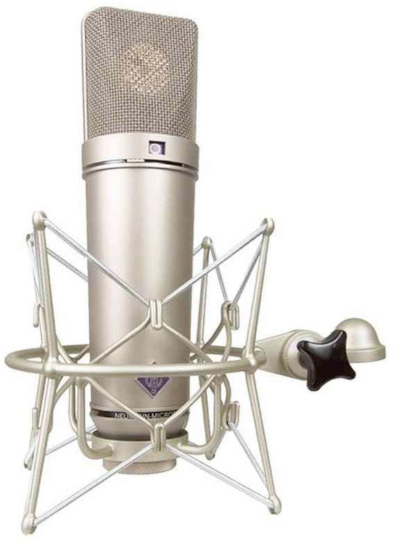 Silver large diaphragm studio microphone with shock mount and black tension knob on white background.