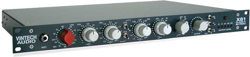 Front view of a Vintech Audio X81 Class-A mic preamp with multiple control knobs and a 1/4 inch input jack.