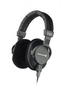 Black over-ear headphones with padded headband and fabric ear cushions, wired connection shown.