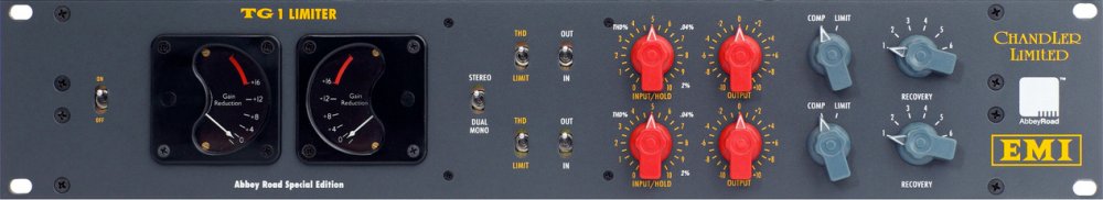 Front view of a black audio processor panel with knobs, meters, switches, and branding text.