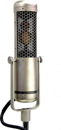Silver cylindrical microphone with a honeycomb grille and attached black cable on a stand mount.