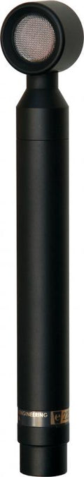 Black cylindrical microphone with a mesh grille on top and gold label near the base.