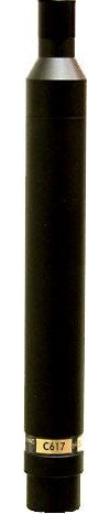 Black cylindrical microphone with a silver band and label reading 'C617' near the base, featuring a three-pin connector.