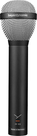 Silver metal mesh microphone head with black cylindrical body labeled Beyerdynamic M 88, Made in Germany.