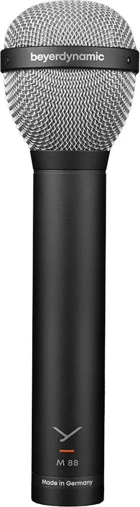 Silver metal mesh microphone head with black cylindrical body labeled Beyerdynamic M 88, Made in Germany.