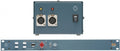 Front and rear panel of a blue-gray audio device with XLR connectors, rotary knob, and toggle switch.
