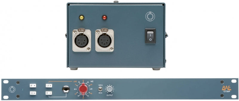 Front and rear panel of a blue-gray audio device with XLR connectors, rotary knob, and toggle switch.