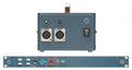 Front and rear views of a blue audio device with XLR connectors, rotary knobs, a toggle switch, and indicator lights.