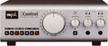 Front view of a silver stereo monitor controller with multiple buttons, three volume knobs, and two headphone jacks.