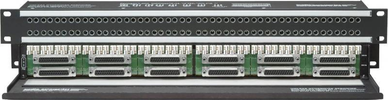 Front panel audio patchbay with rows of TRS jacks and multiple D-sub connectors underneath