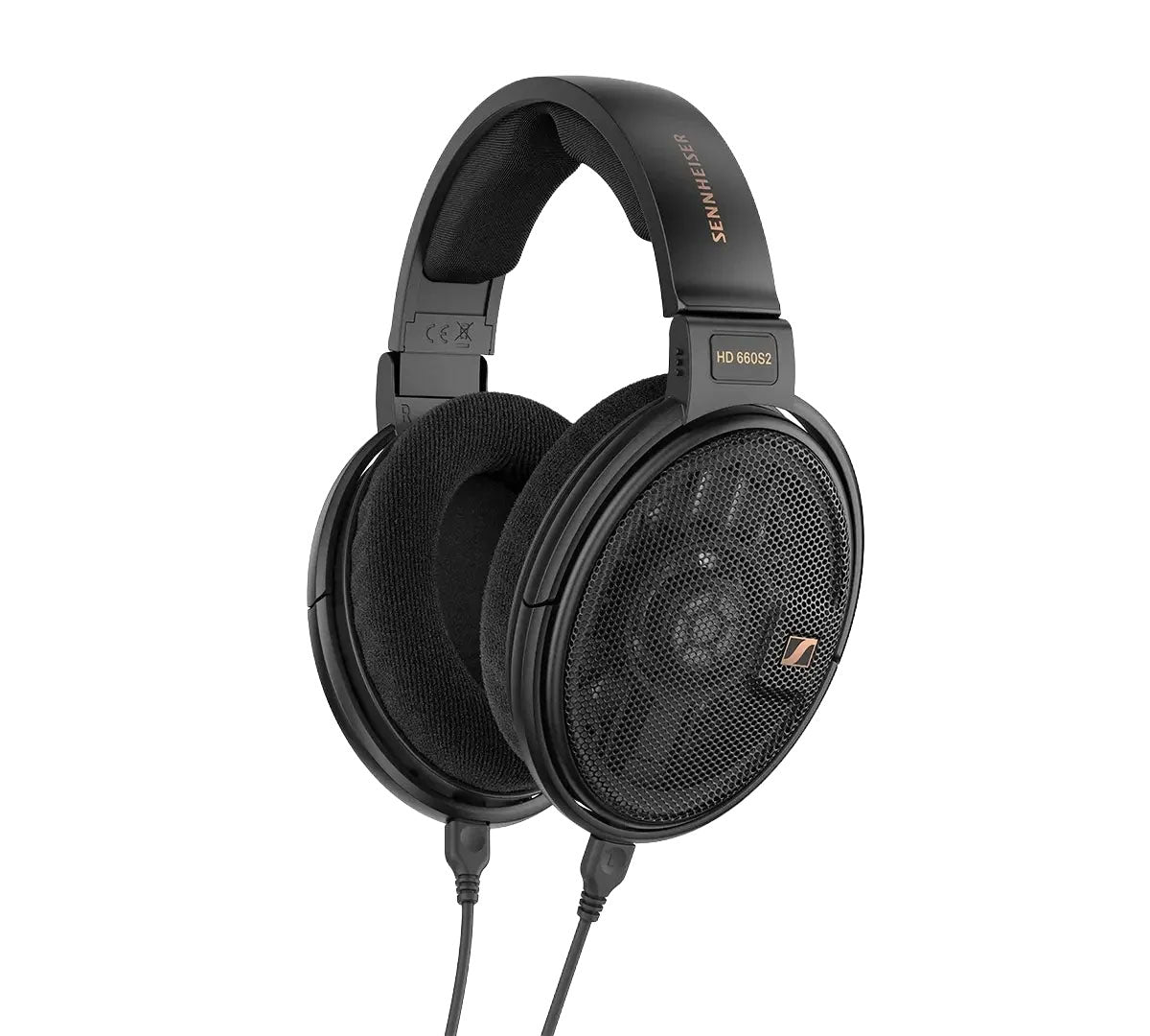 Black over-ear wired headphones with mesh ear cups and SENNHEISER branding.