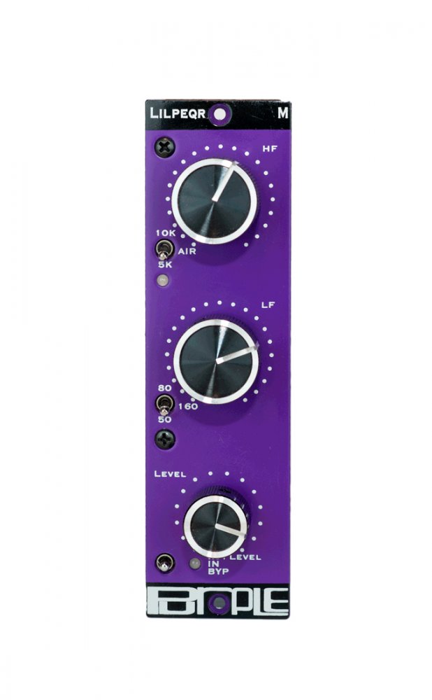 Purple audio equalizer module with three black control knobs and labeled toggle switches on a purple faceplate.