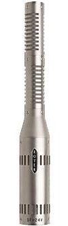 Silver cylindrical studio microphone with black ROYER logo and vents along the body.