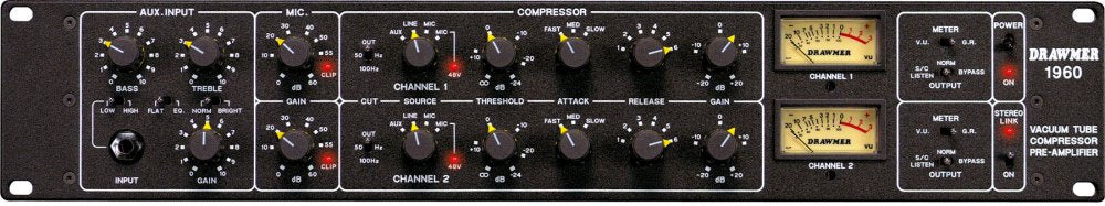 Front panel of a Drawmer 1960 vacuum tube compressor pre-amplifier with knobs, meters, and input jacks.