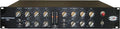 Front panel of a black rackmount audio compressor unit with knobs, switches, and LED meters.