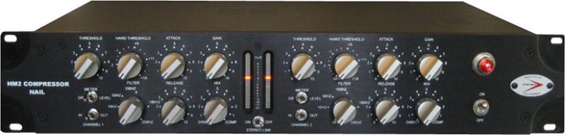 Front panel of a black rackmount audio compressor unit with knobs, switches, and LED meters.