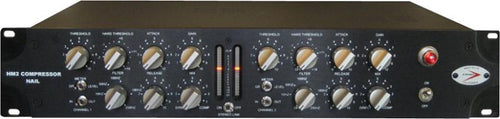 Front panel of a black rackmount audio compressor unit with knobs, switches, and LED meters.
