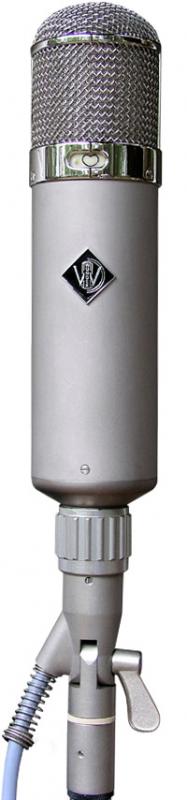 Silver studio microphone with metal mesh grille and a switch on the body shown vertically.