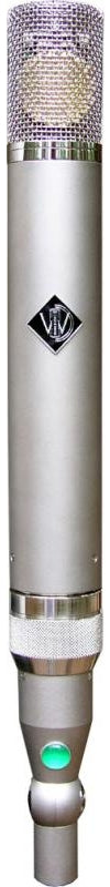Silver cylindrical studio microphone with mesh grille and green illuminated switch indicator.
