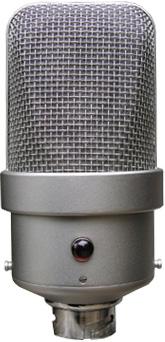 Gray metal microphone with a mesh grille and a circular multi-pin connector at the bottom.