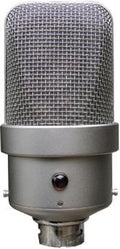 Gray metal microphone with a mesh grille and a circular multi-pin connector at the bottom.