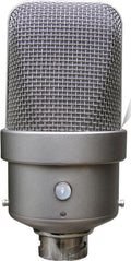 Front view of a gray studio condenser microphone with metal mesh grille and a circular connector at the base.