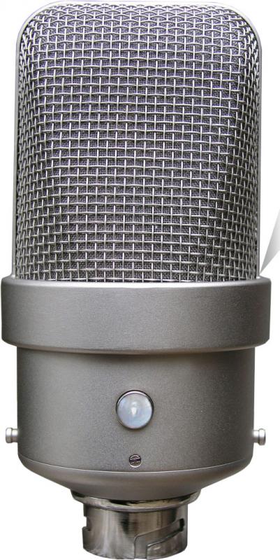Front view of a gray studio condenser microphone with metal mesh grille and a circular connector at the base.