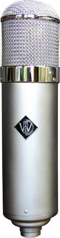 Silver large-diaphragm condenser microphone with mesh grille and logo on the body.