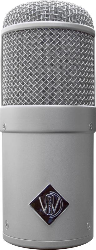 Close-up front view of a silver metal microphone with mesh grille and WUNDER logo on body.
