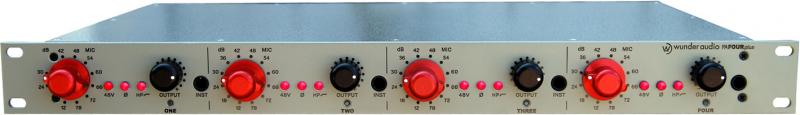 Front panel of a silver audio preamp unit with four red knobs and black rotary controls, plus indicator lights and text labels.