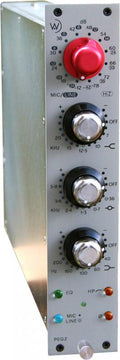 Silver audio equipment module with multiple rotary knobs and indicator lights labeled PEQ2.
