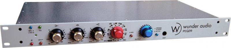 Silver rackmount audio equalizer unit with black and colored knobs and indicator lights on front panel.
