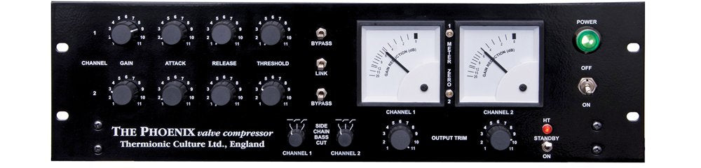 Black Therionic Culture Phoenix stereo valve compressor with knobs, switches, meters, and power indicator.