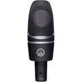 Black and silver studio microphone with mesh grille and AKG logo on body.