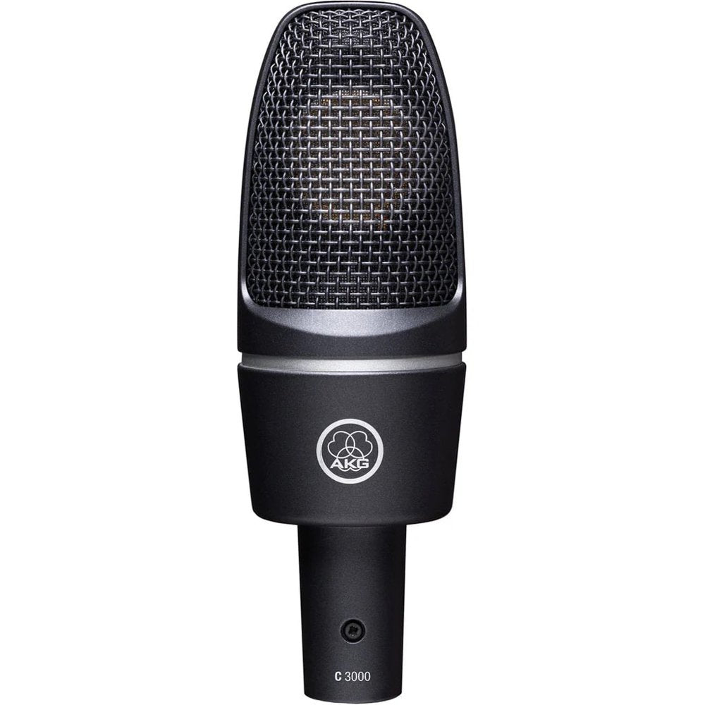 Black and silver studio microphone with mesh grille and AKG logo on body.