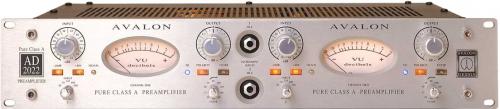 Silver Avalon AD2022 stereo preamplifier with knobs, two VU meters, and input/output connectors visible on front panel.