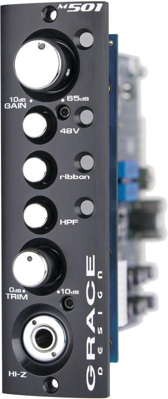 Black Grace Design M501 preamp module with control knobs and 1/4 inch input jack visible.