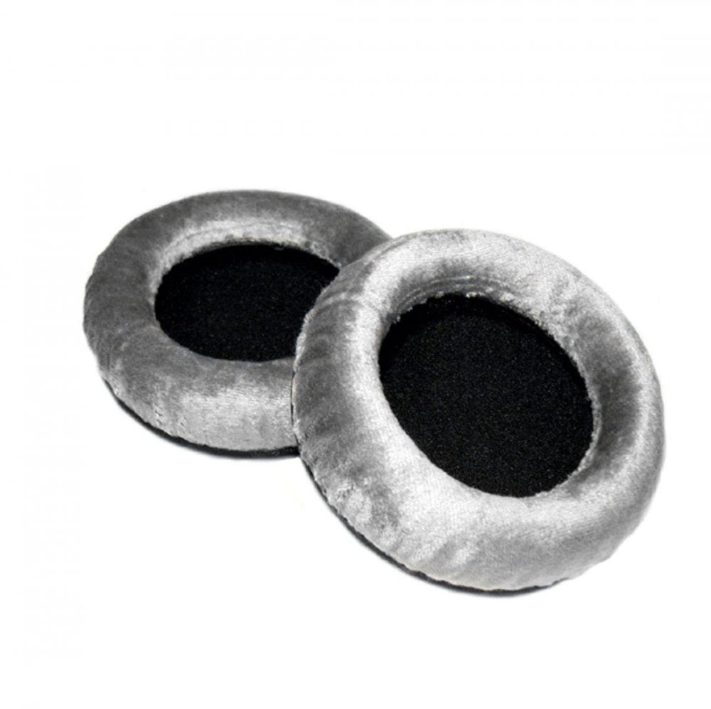 Pair of gray velvet ear pads with black centers for headphones