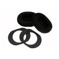 Two black oval foam ear pads with two matching black plastic mounting rings on a white background.