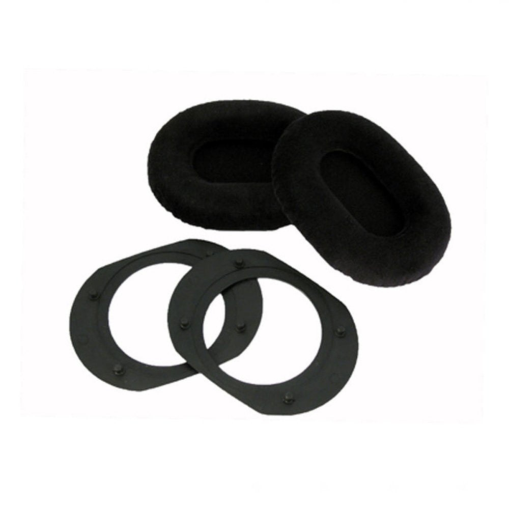 Two black oval foam ear pads with two matching black plastic mounting rings on a white background.