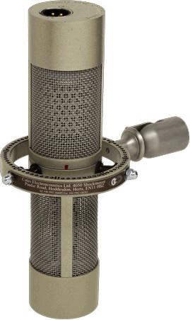 Gray cylindrical microphone with mesh grille mounted in a metal shockmount ring with handle and XLR connector on top.
